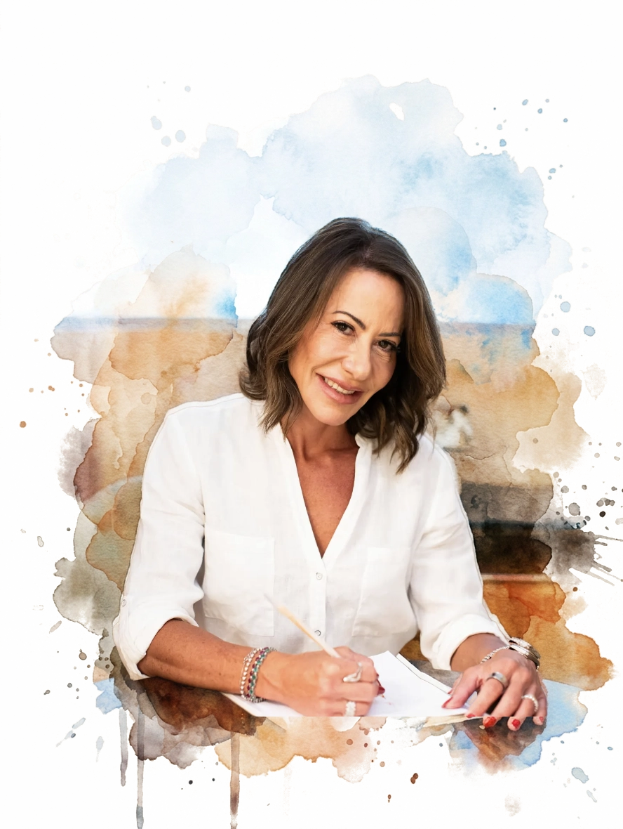 Retrato em aquarela de Helga Lott sorrindo em sua mesa de atendimento